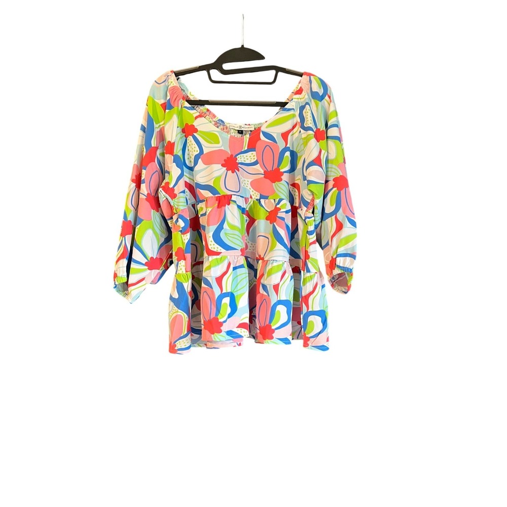 Michelle McDowell Floral Babydoll Top Smocked Back V-Neck Pink Blue Green Large
